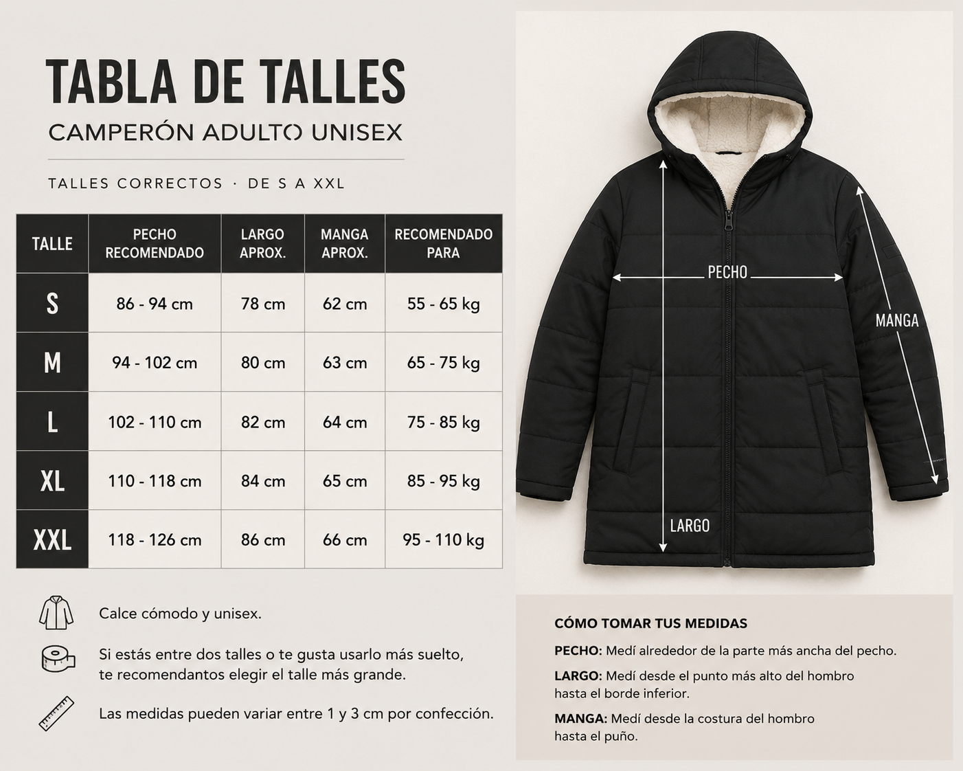 Tabla de talles camperón adulto unisex